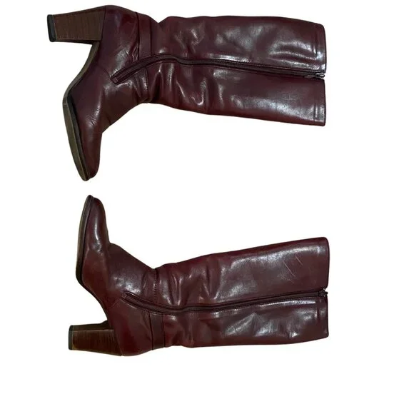 Vintag Leather Knee High Boots Burgandy - Picture 2 of 5